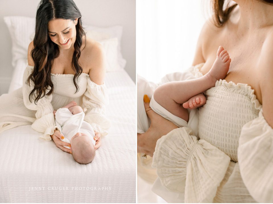 Nashville Newborn Photography mom holding new baby in white
