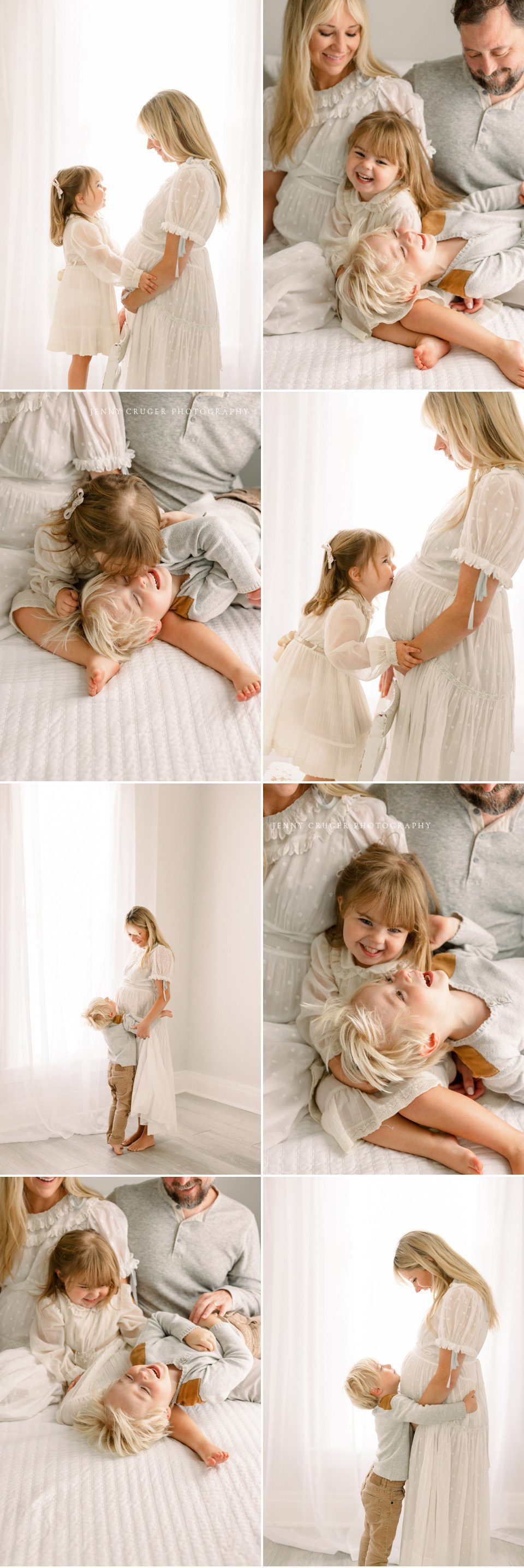 maternity session with older children snuggling on a white bed with mom