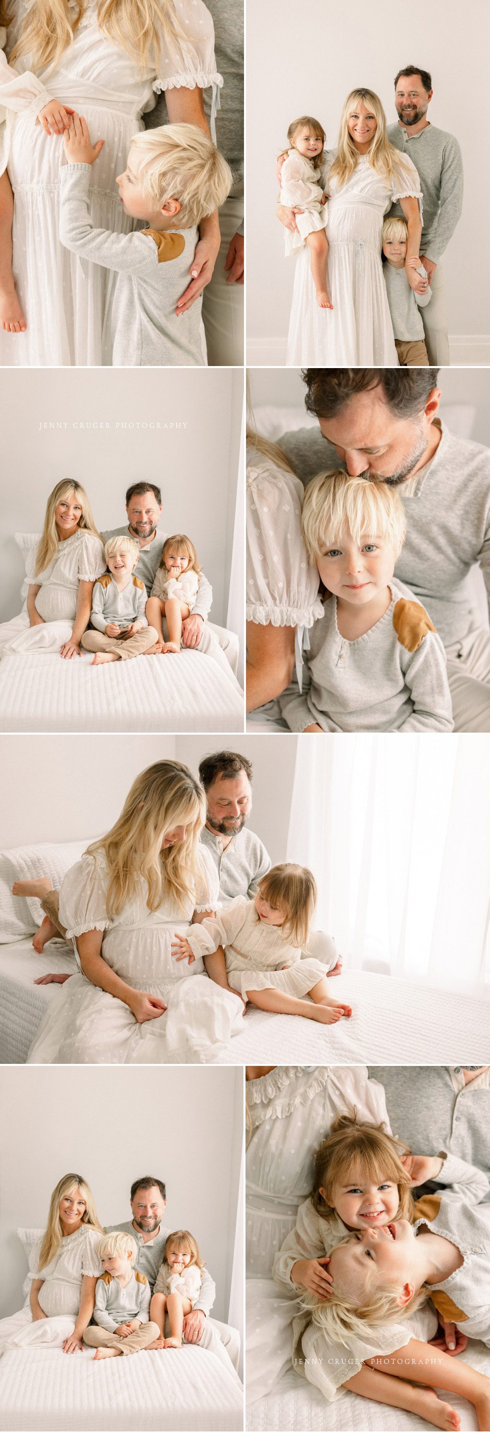 family maternity images on white bed