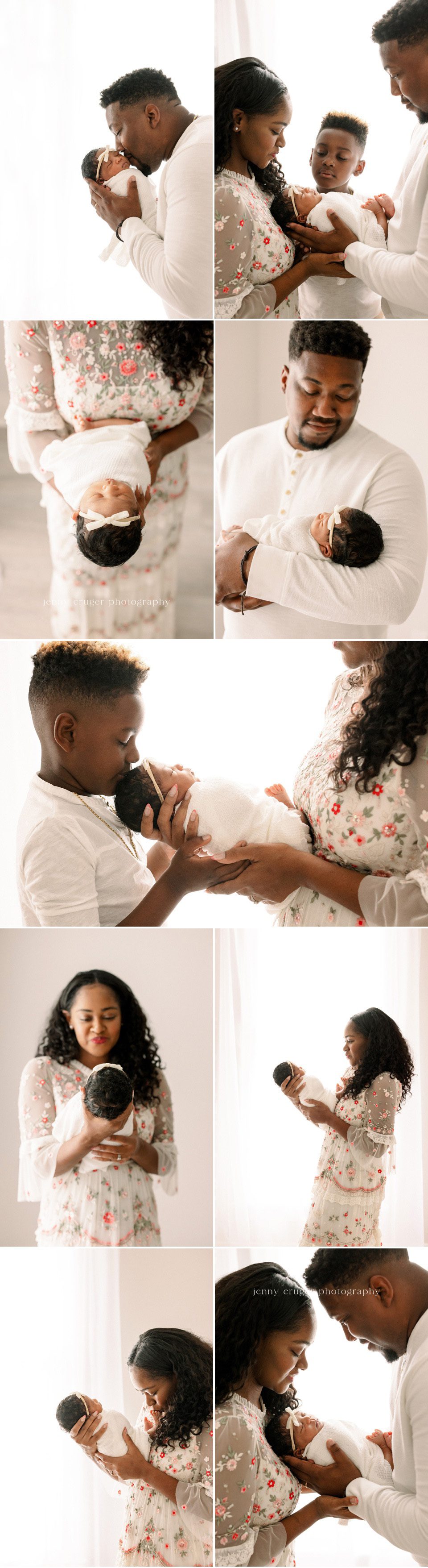 backlit family newborn images with mom in a floral dress