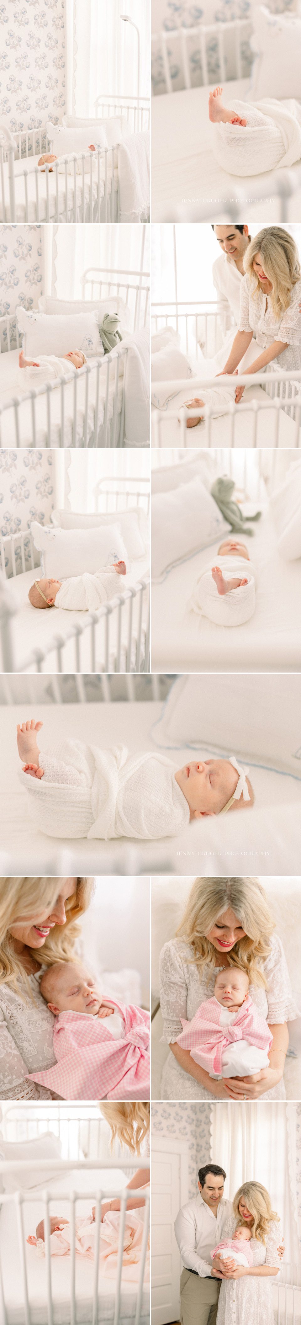 baby in white crib nursery setting for newborn photos