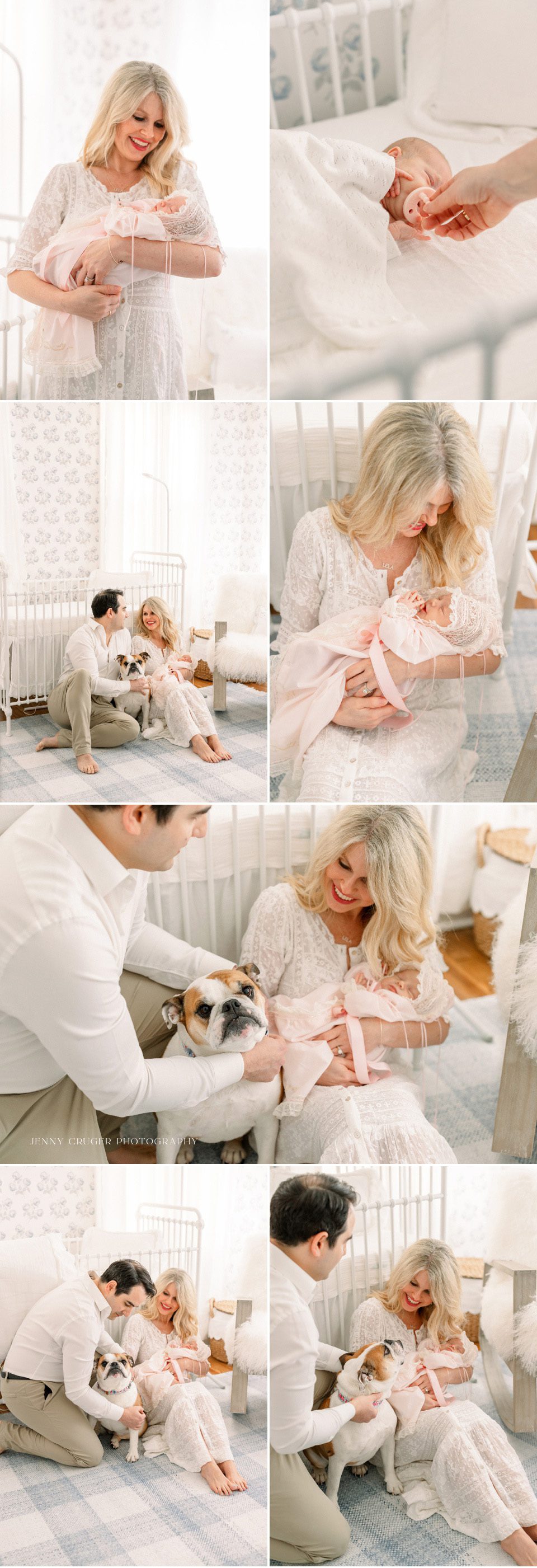 family in home newborn photos with dog