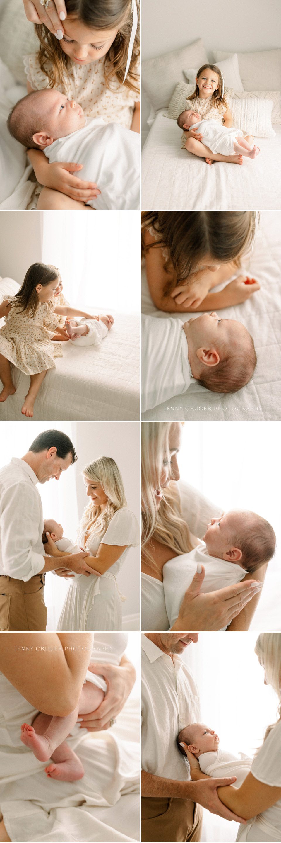 Big sister leaning close to kiss her newborn sibling’s forehead, creating a tender sibling portrait | Nashville newborn photography