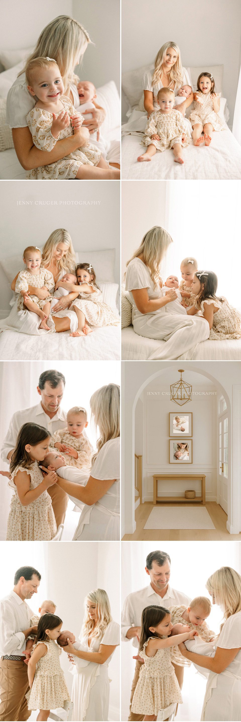 Mother sitting with her three children, holding her newborn while older sisters smile beside her | Nashville newborn photography family session