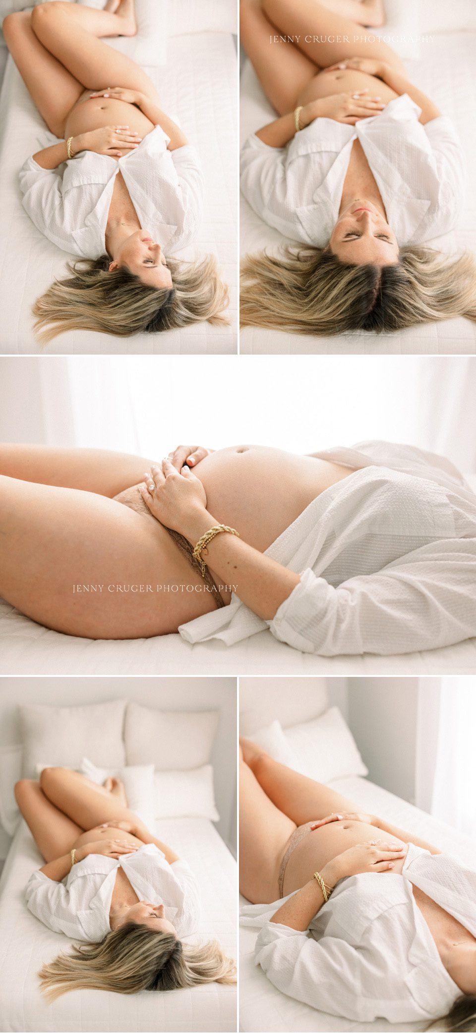 Minimal maternity portrait showing side profile of expecting mother in white blouse and neutral lingerie.