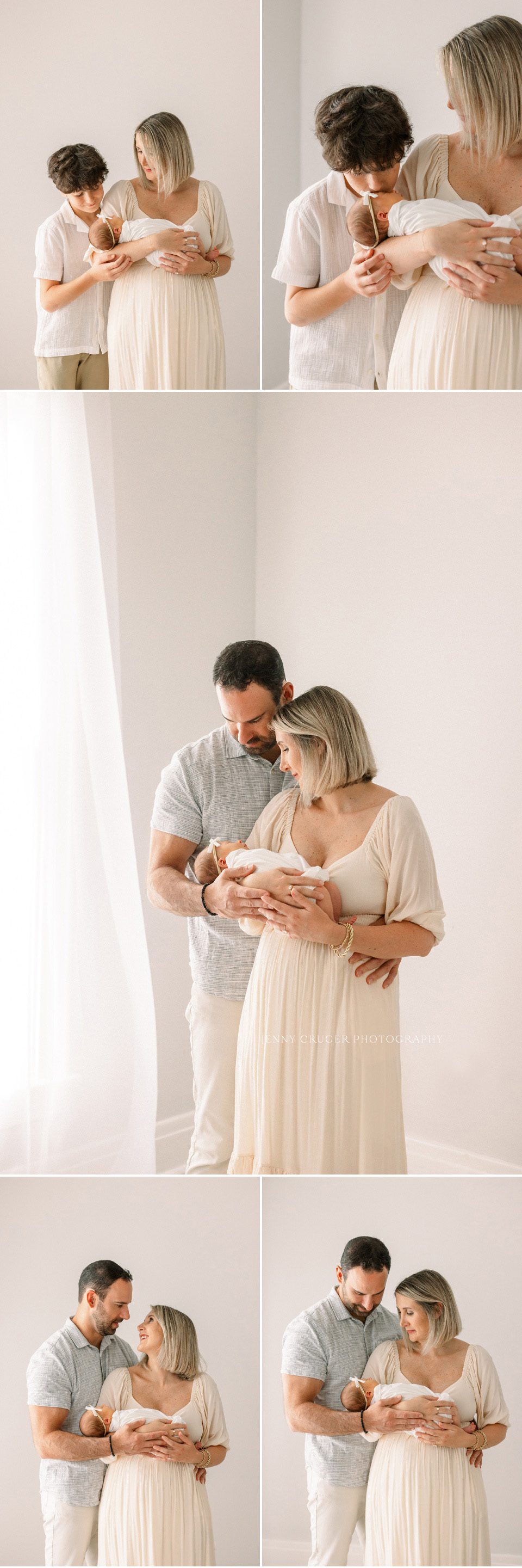 Family standing together, parents holding the baby while big brother hugs baby to create the Best Nashville Newborn Session