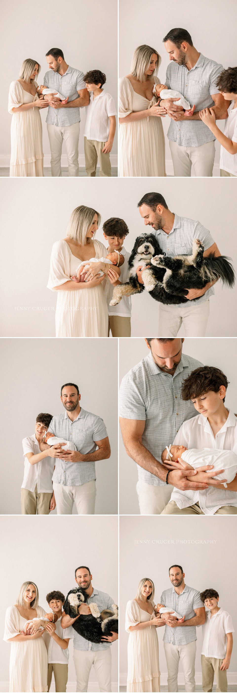 Parents standing together, looking down at their newborn with calm, quiet connection.
