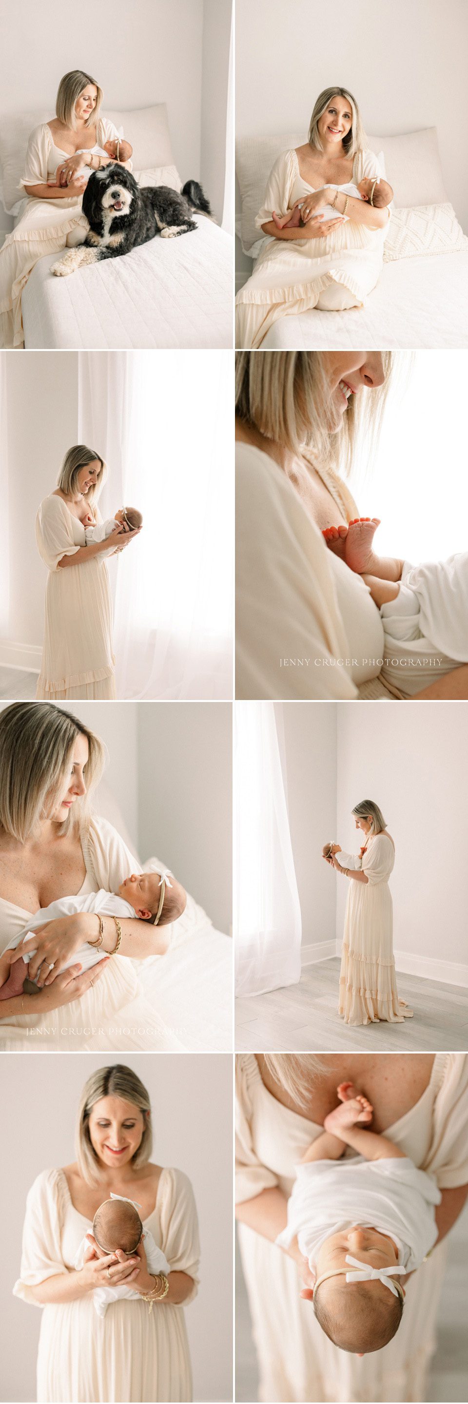 Mom holding her newborn against her chest, standing in soft, airy studio light.
