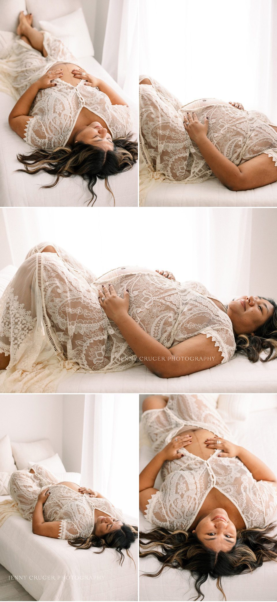 lace robe for maternity session images on bed in studio